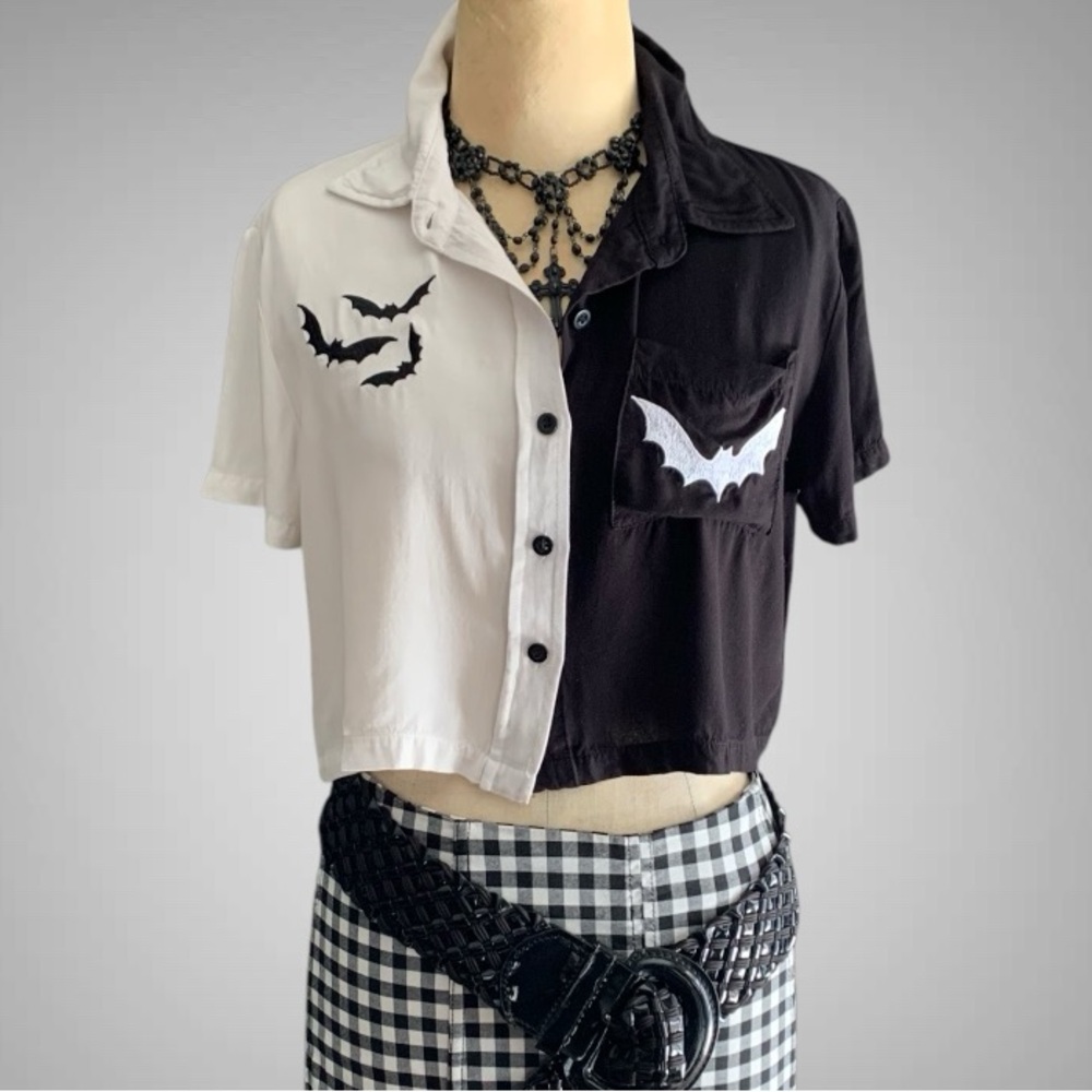 The Grave Girls “Taking Flight” Black and White Bat Embroidered Crop Top- XXS